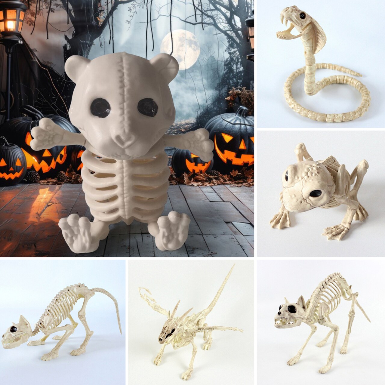 Halloween Decoration Mini Skeleton Bone Statues Poseable Rat Dog Spider Cat Owl Skeleton Figurine For Haunted House